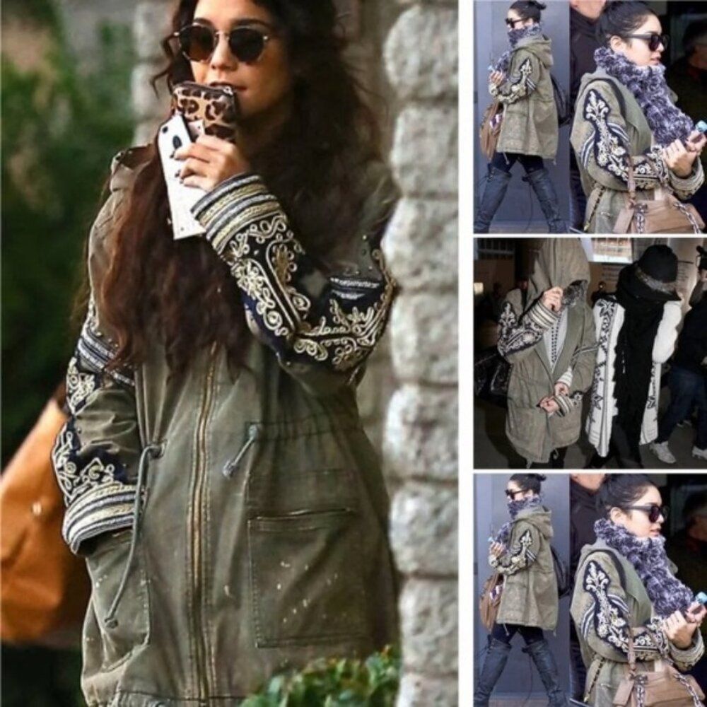 FREE PEOPLE Golden Quills Military Parka Jacket Coat Green Rhinestones M RARE - Picture 2 of 16